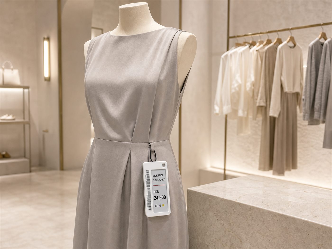 An electronic shelf label hanging from a silk dress on a mannequin in an upscale clothing boutique.