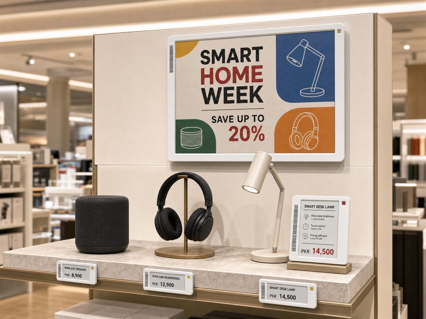 An electronics display with a large colour Smart Home Week Save up to 20% e-paper sign above shelf labels for a speaker, headphones and a smart desk lamp.