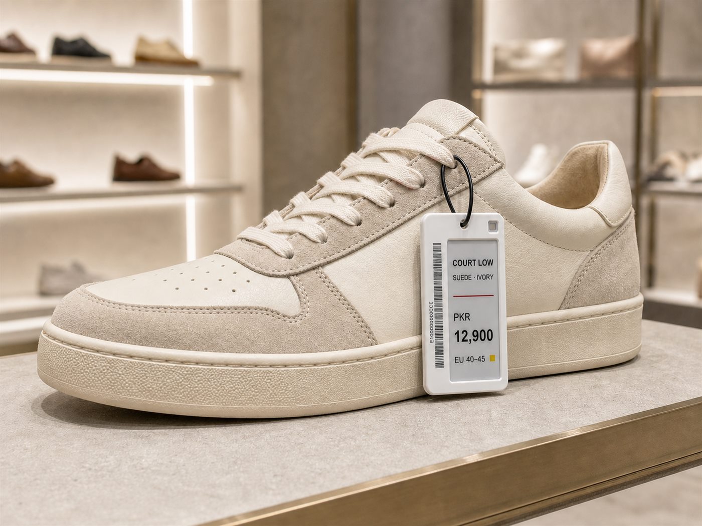 A suede court-low sneaker on a display plinth with an electronic hang tag reading Court Low, Suede Ivory, PKR 12,900, EU 40 to 45.