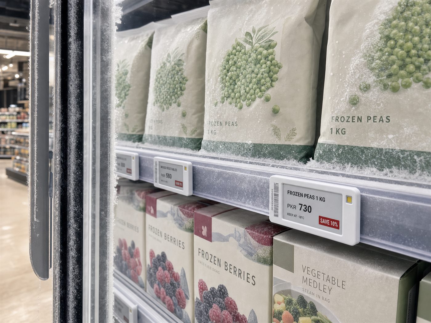 A waterproof electronic shelf label clipped to a freezer shelf rail beside bags of frozen peas.