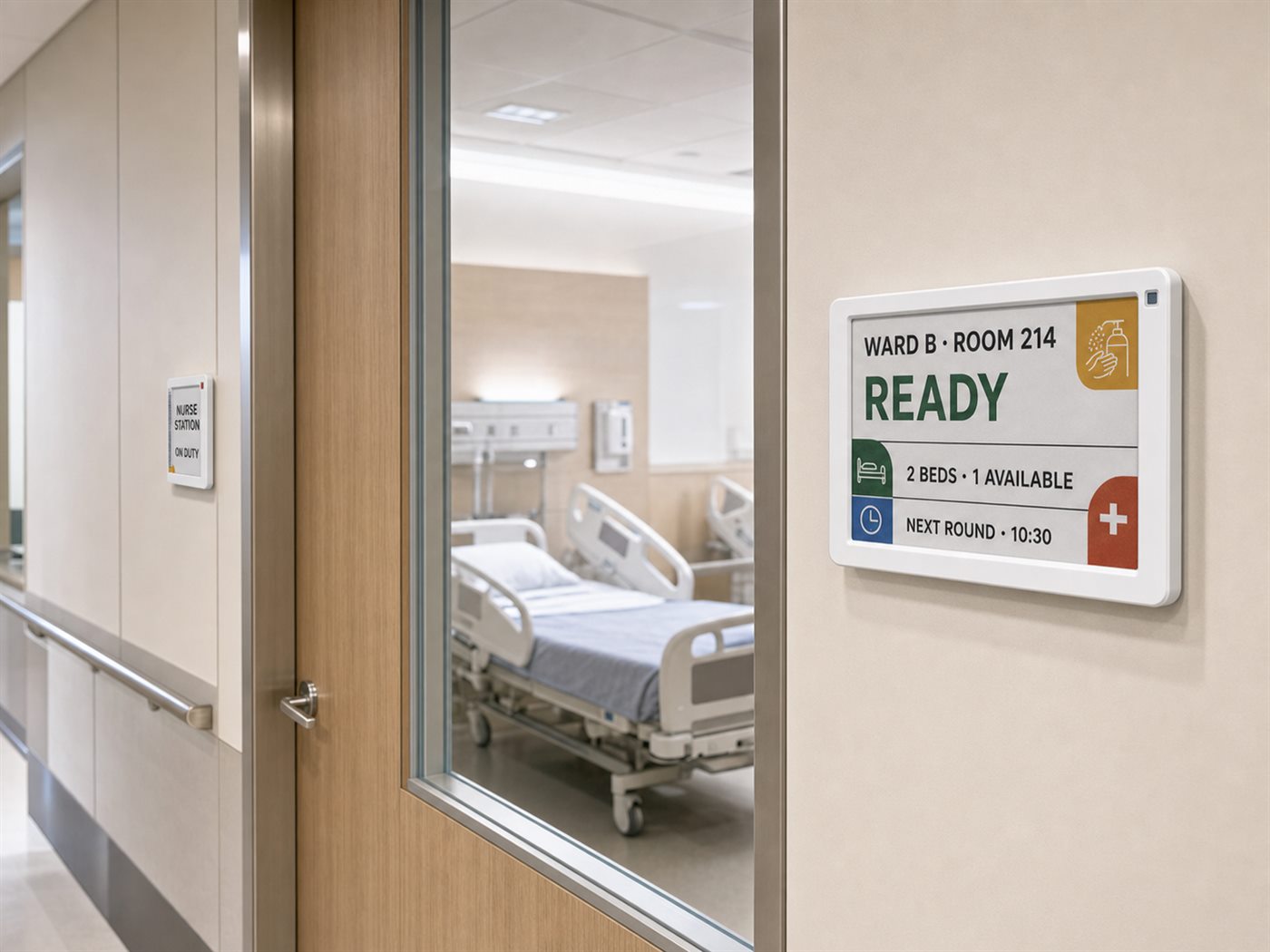 An electronic door sign outside a hospital ward reading Ward B, Room 214, Ready, 2 beds 1 available, next round 10:30.