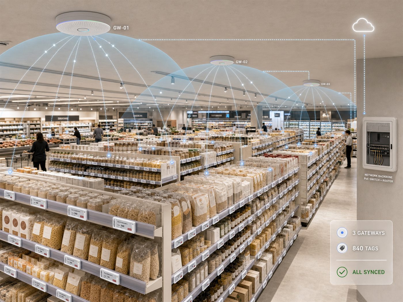 A supermarket with three ceiling gateways, each covering an area of aisles, all linked back to the cloud — 3 gateways, 840 tags, all synced.