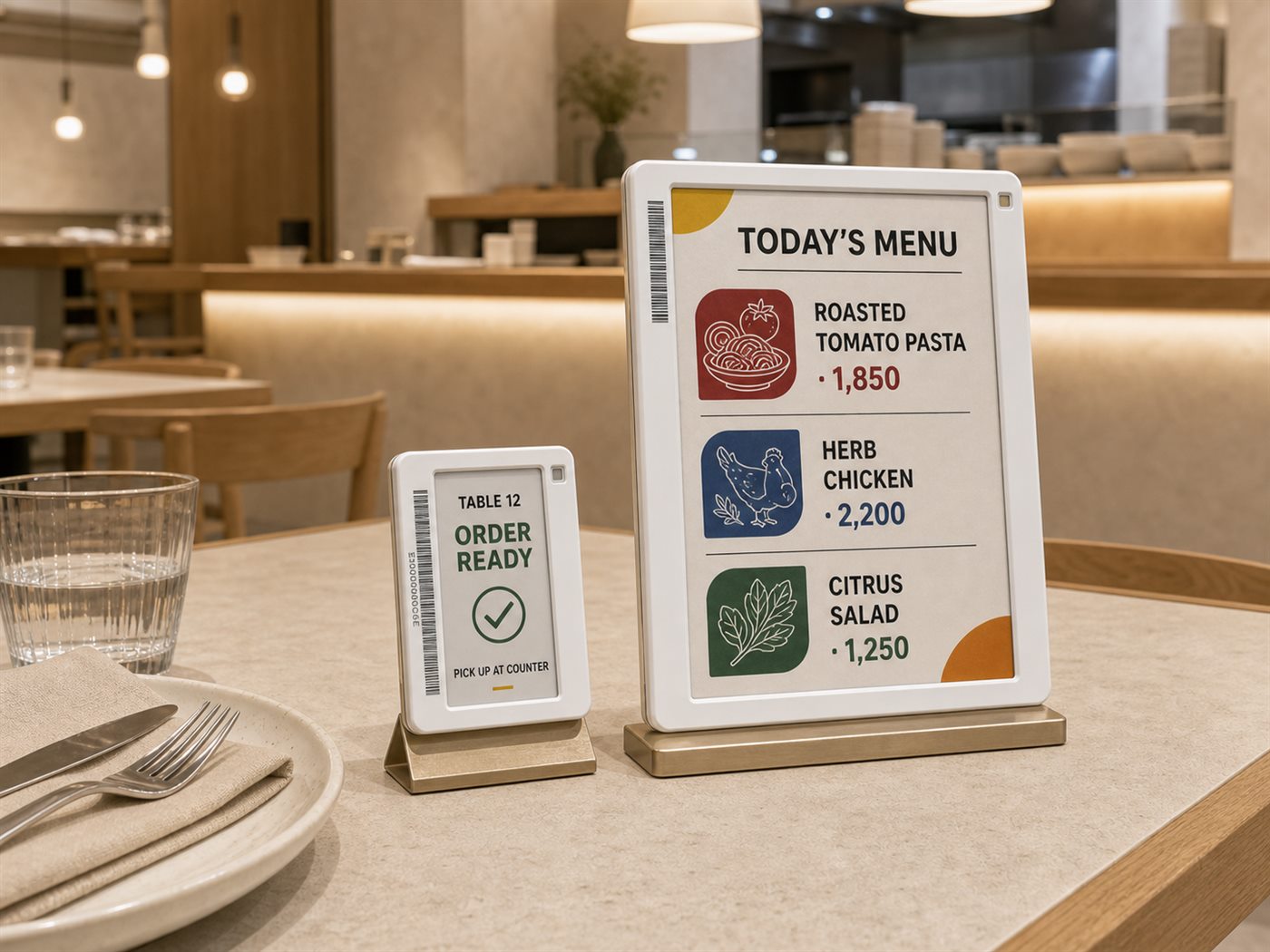 A restaurant table with an electronic menu board showing Today's Menu prices and a smaller tag reading Table 12, Order Ready, pick up at counter.