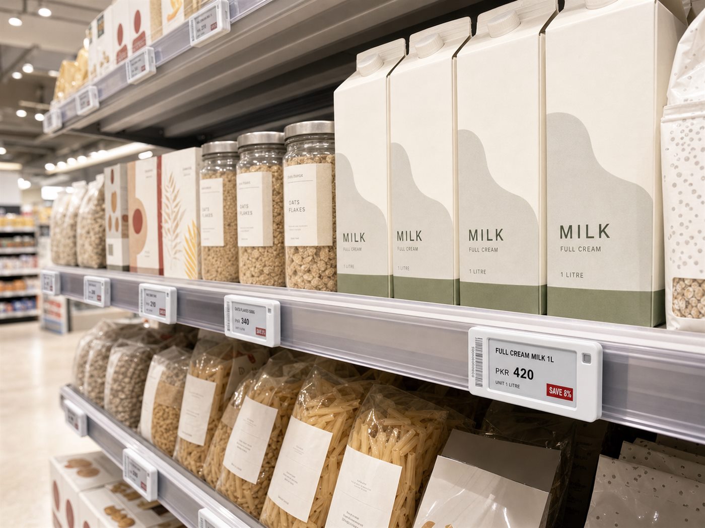 Electronic shelf labels along a supermarket rail below cartons of full-cream milk, one showing Full Cream Milk 1L PKR 420 with a Save 8% flag.