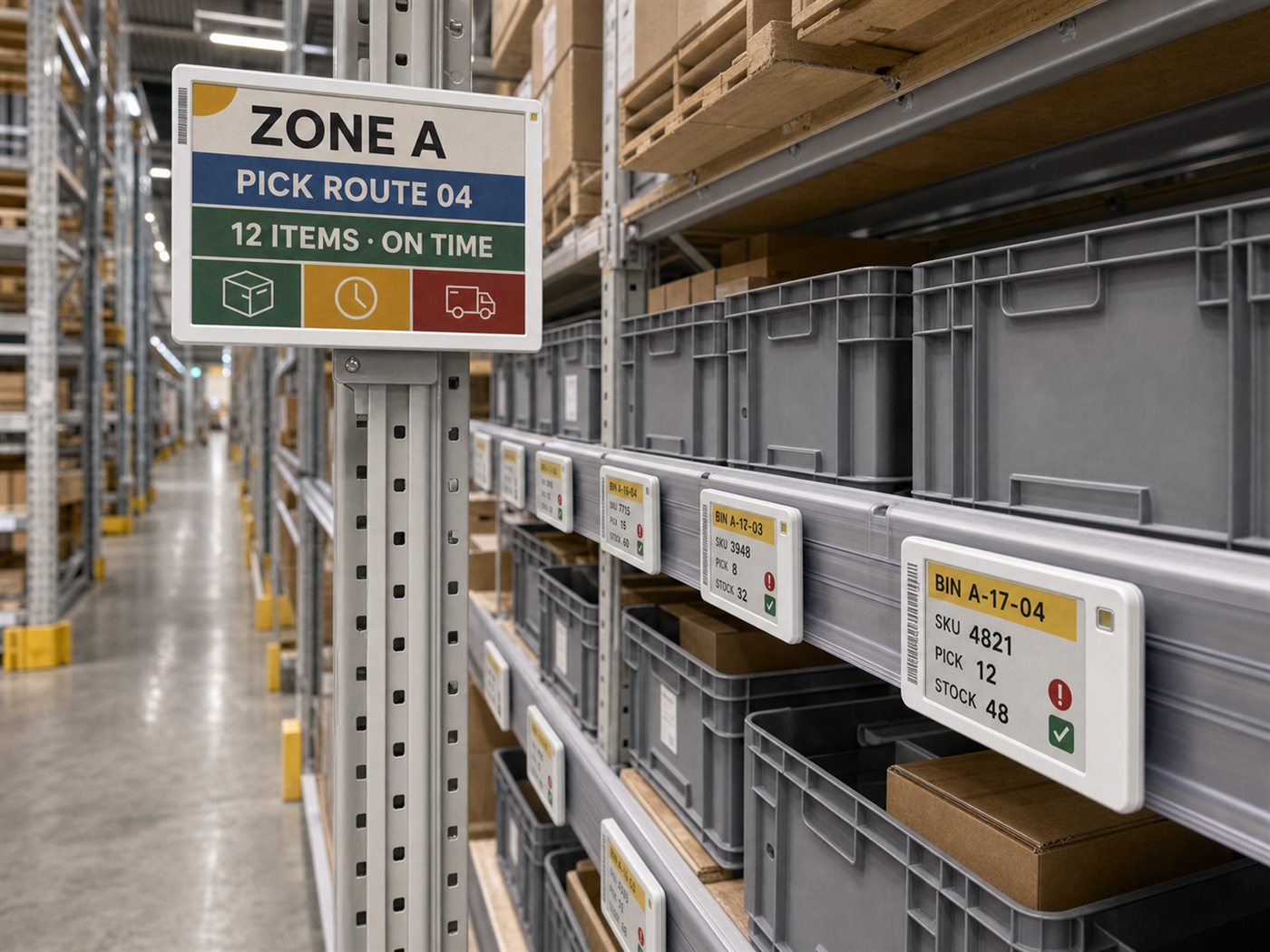 Electronic bin labels on warehouse racking showing SKU, pick quantity and stock, with a Zone A pick-route sign.