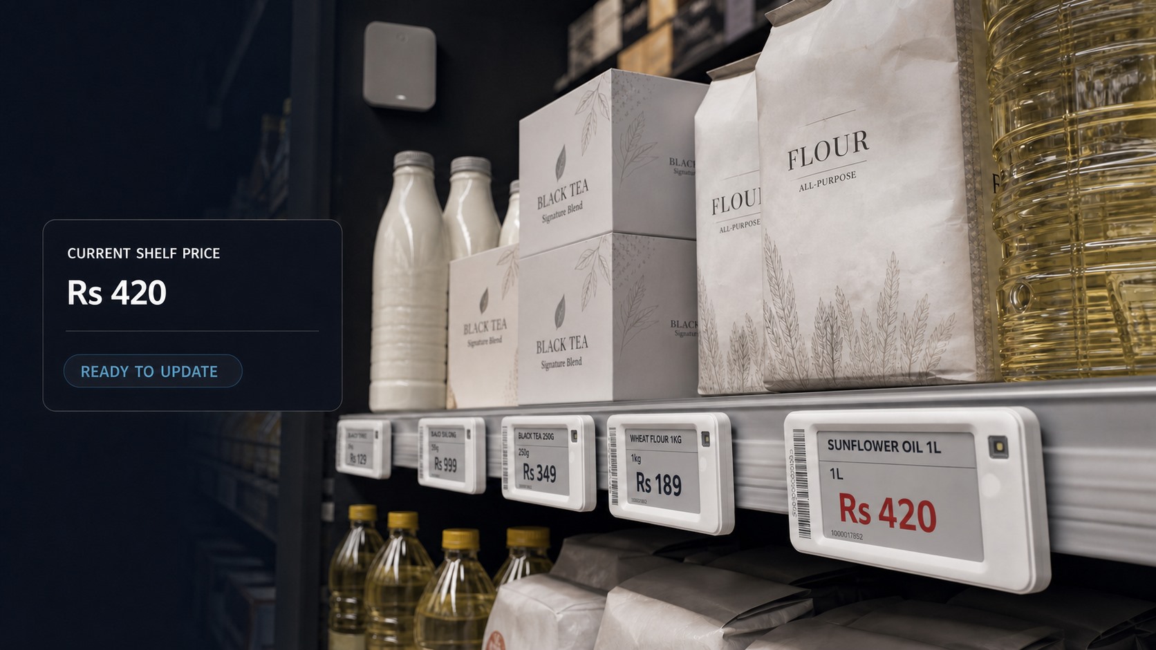 A supermarket shelf; the electronic price label reads Rs 420.
